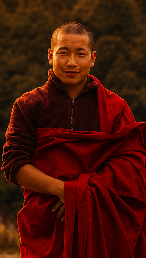 Young Buddhist monk in red robes looking forward