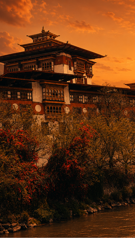 Scenic fortress dzong in Bhutan at golden hour